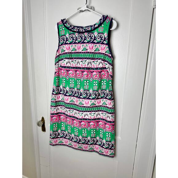 Talbots Dress Womens 10 Pink Green Sleeveless Shift Floral Fringe Classic Preppy - Picture 1 of 8